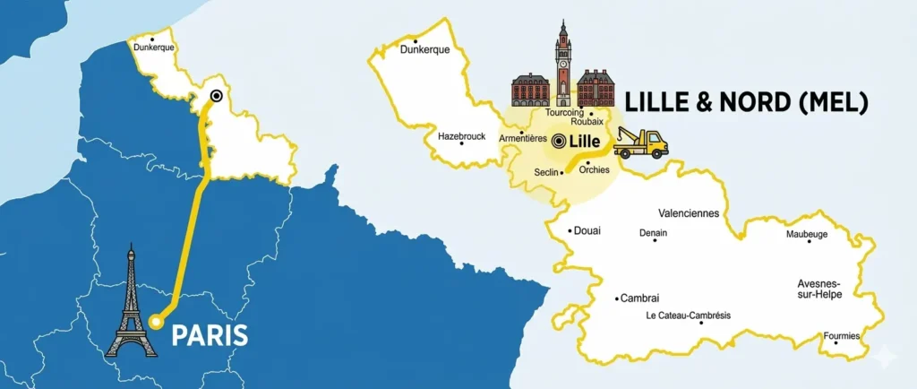 Carte illustrant l'arrivée d'AZ Services depuis Paris vers le département du Nord (59). Un itinéraire relie la capitale à la métropole lilloise, symbolisant notre nouvelle zone d'action locale pour le remorquage et l'enlèvement d'épaves.