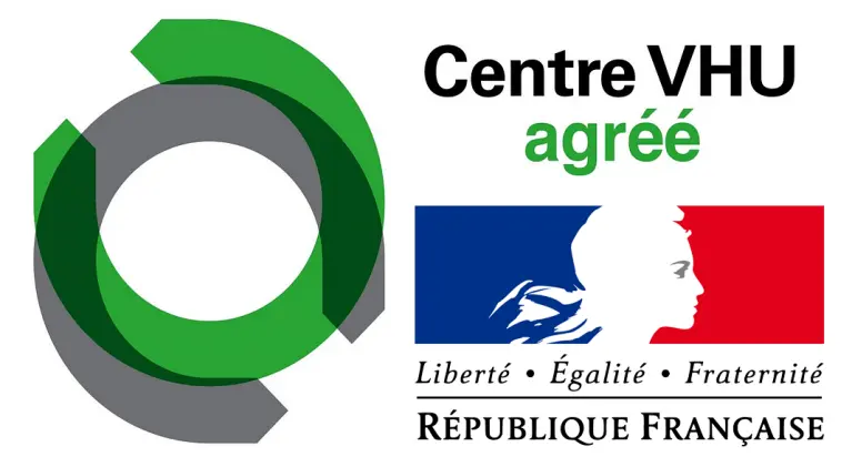 Logo officiel de Centre VHU agréé avec le bloc 'République Française', garantissant la destruction certifiée et le recyclage de votre véhicule hors d'usage dans le Nord.