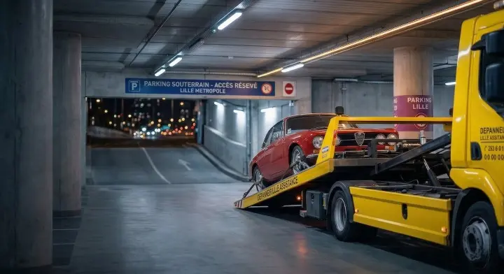 Dépanneuse jaune effectuant le remorquage d'une voiture classique rabaissée rouge à l'intérieur d'un parking souterrain de la métropole lilloise.